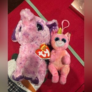 Ty Plush Set with Pink Elephant and Unicorn
